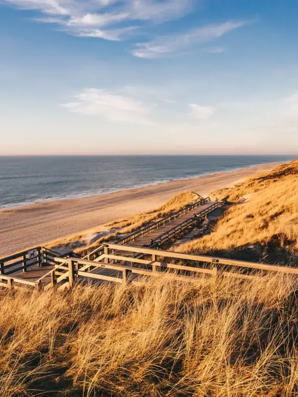 Ein Holzsteg führt zu einem Strand auf Sylt.