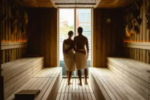 Ein Mann und eine Frau stehen in einer Sauna.