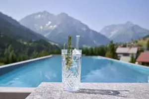 Ein Glas Wasser mit einer Pflanze darin.