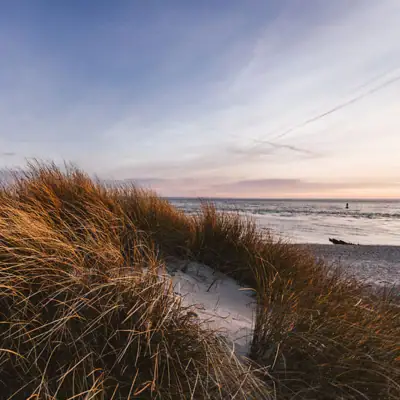 Sylter Dünen mit einem Strand im Freien mit Himmel und Wolken im Hintergrund.